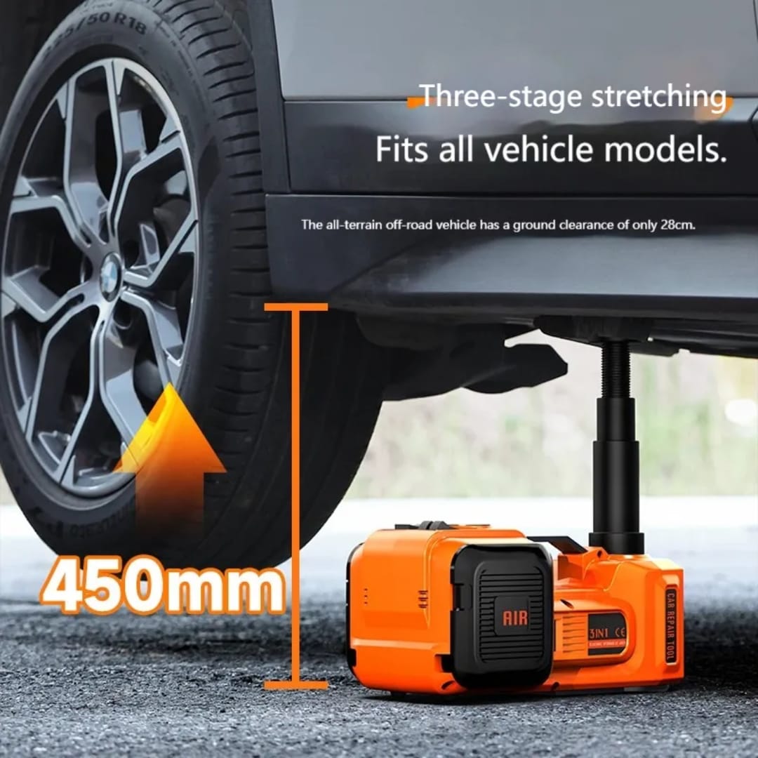 Step 3 showing the car lifted and tyre inflation in progress with the 3-in-1 jack