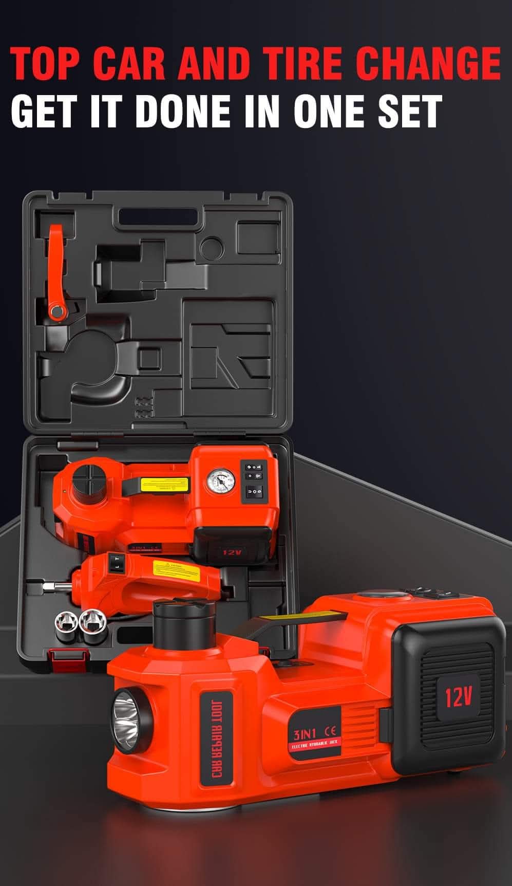 Main 3-in-1 electric hydraulic car jack with lift controls and inflation connection